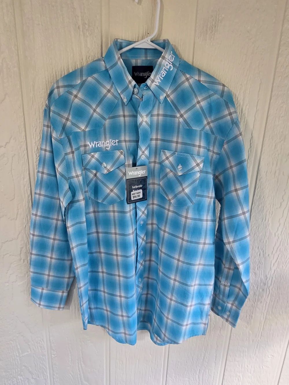 Wrangler Men’s Blue Plaid Western Button-Up Shirt, Size Medium